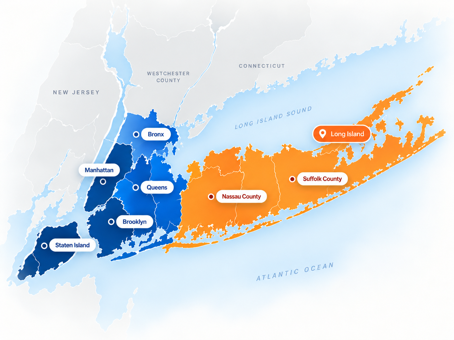 Map of RWP Trans Corp service coverage across New York City, Nassau County, and Suffolk County