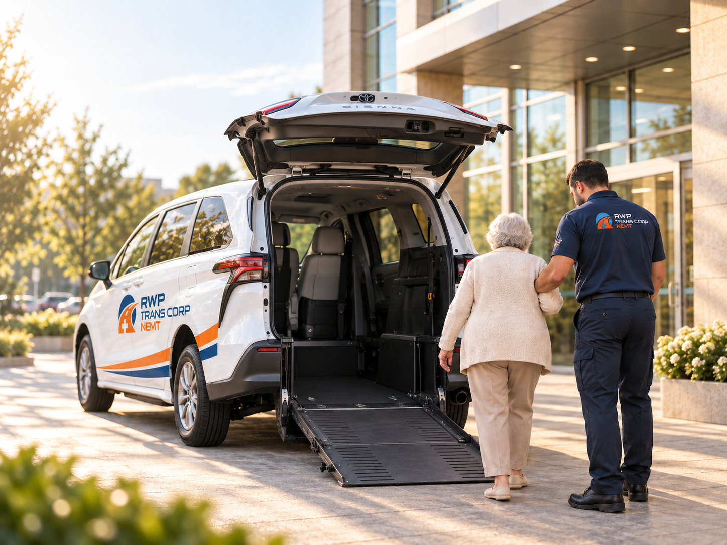 RWP Trans Corp attendant helping a passenger board an accessible medical transportation van