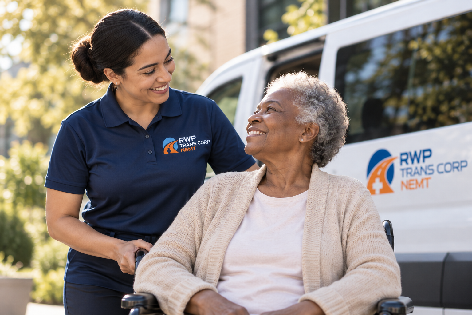 RWP Trans Corp caregiver assisting an older passenger beside an accessible vehicle